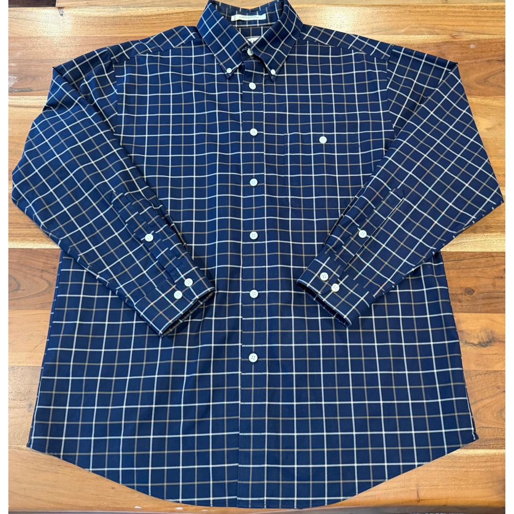 Orvis Mens L Navy Blue Windowpane Plaid Button Down Shirt Long Sleeve Cotton